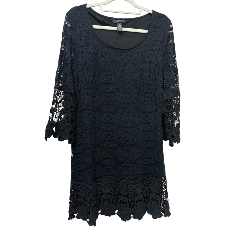 Alfani Black Lace Crochet Bell Sleeve Shift Dress XL Floral Scalloped Hem